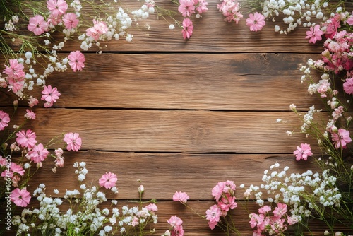 Wooden Table Surrounded by Colorful Flowers Creating a Charming and Inviting ...
