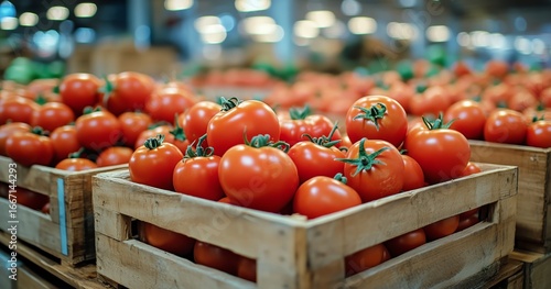 Fresh Tomatoes Stacked in Wooden Crates at a Bustling Market in the Afternoon...