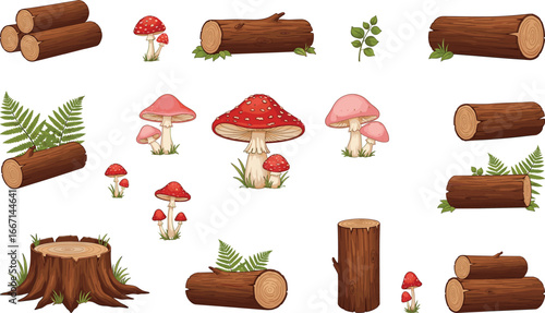 Colorful cartoon forest logs, tree stumps, red and pink mushrooms with green leaves and ferns isolated on white background vector clipart