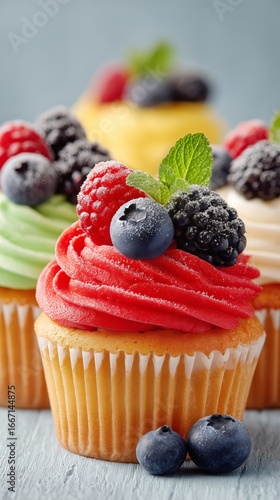 Colorful Cupcakes Topped With Fresh Berries and Mint Leaves on a Wooden Surface