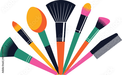Colorful makeup brushes and comb arranged in a fan shape beauty cosmetic
