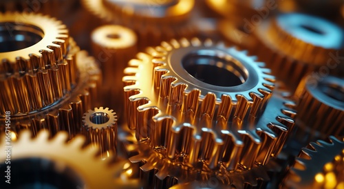 Intricate Golden Gears Display Mechanical Precision in an Industrial Setting