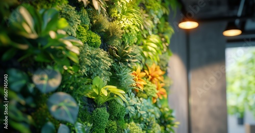 Lush Vertical Garden Showcasing Diverse Plants in an Urban Indoor Space Durin...
