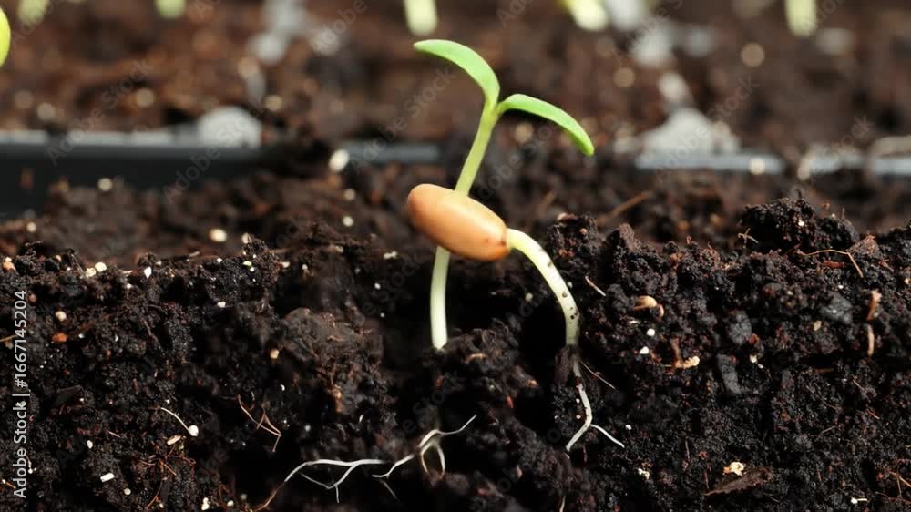 Close-up of a Seedling Emerging From Dark Soil Exhibiting New Green ...