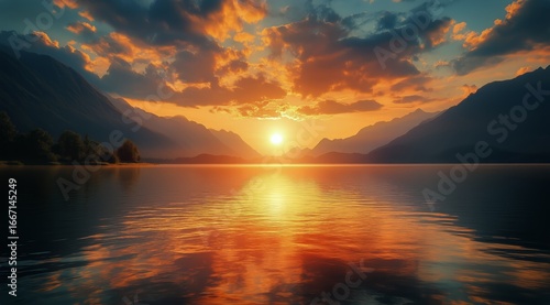 Beautiful Sunset Over a Tranquil Lake Surrounded by Mountains Reflecting Warm...