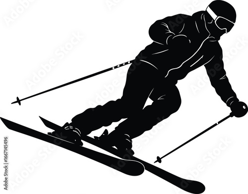 Silhouette, skier, downhill, skiing, winter, sport, snow, mountain, slope, helmet, goggles, poles, speed, action, outdoor, cold, alpine, athlete, gear, motion