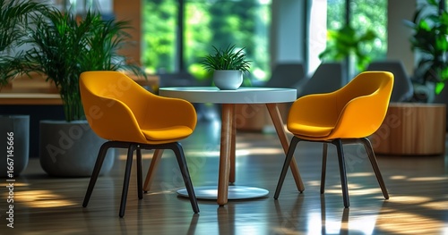Bright Yellow Chairs Set at a Modern Table Surrounded by Greenery in a Sunlit...