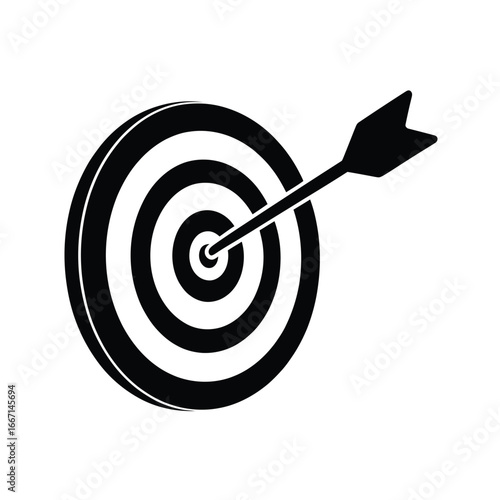 Black and white illustration of an arrow hitting the bullseye on a dartboard