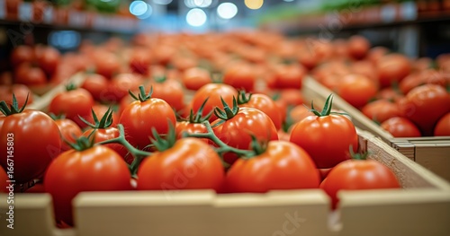 Fresh Tomatoes Stacked in Wooden Crates at a Bustling Market in the Afternoon...