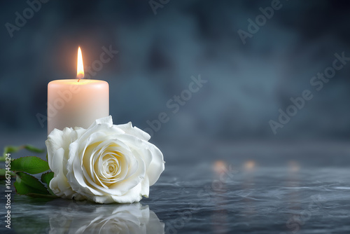 Wallpaper Mural A single candle illuminates a white rose resting on a reflective surface.  Torontodigital.ca