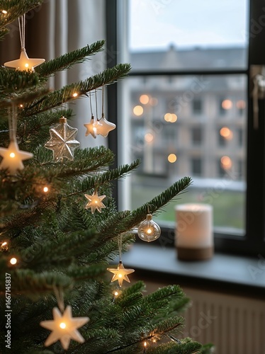 Beautiful Christmas Tree Decorated With Star Ornaments and Warm Lights in a C...