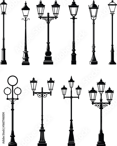 Silhouette Set of Vintage Street Lamps – Classic Lamp Post Designs for Urban Scenes, Retro City Lighting, Outdoor Decor, and Architectural Elements