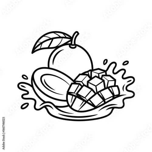 Fresh mangoes splashing in water with cubes and half slice
