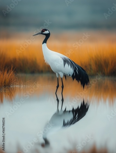 Majestic Crane Standing in Tranquil Waters at Sunrise Among Golden Grasses