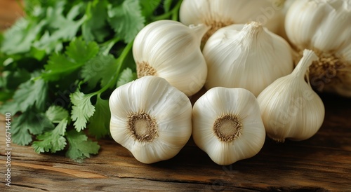 Fresh Garlic Bulbs and Cloves Displayed on a Wooden Table With Fresh Cilantro...