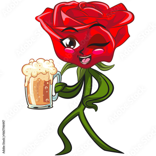 cute red rose flower cartoon mascot character vector illustration raising a large beer glass, work of hand drawn