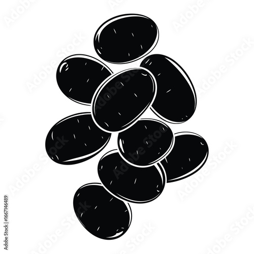 A cluster of glossy black oval shaped objects on a white background