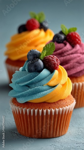 Colorful Cupcakes Topped With Fresh Berries and Mint Leaves on a Wooden Surface.