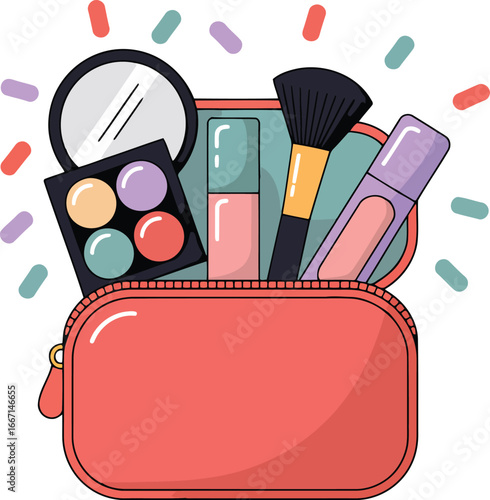 Coral makeup bag filled with beauty products and scattered confetti vector