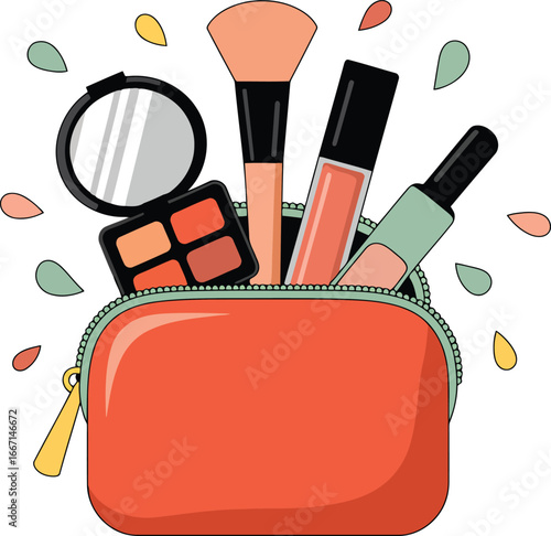 Coral makeup bag with brush eyeshadow lip gloss and nail polish vector