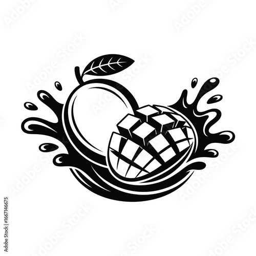 Fresh mango splash illustration with cubed fruit and leaf