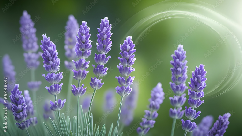 Fototapeta premium Lavender flowers on green background with