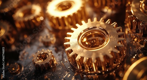 Intricate Golden Gears Display Mechanical Precision in an Industrial Setting.