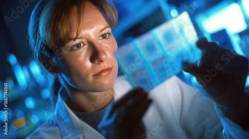 Lab technologist examining a spinal muscular atrophy screening card under soft light medium shot emphasizing the focused card with the technologist slightly out of focus behind it.
