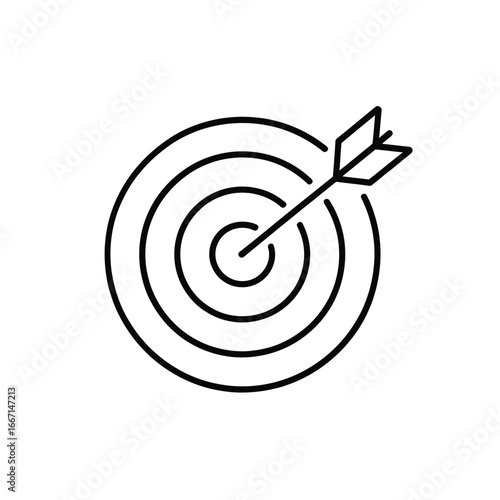 Simple line art icon of a target with an arrow hitting the bullseye