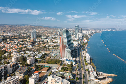 Limassol, Cyprus cityscape featuring modern skyscrapers rising along the Mediterranean coast