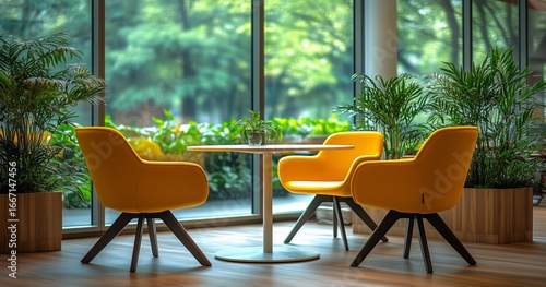 Bright Yellow Chairs Set at a Modern Table Surrounded by Greenery in a Sunlit...