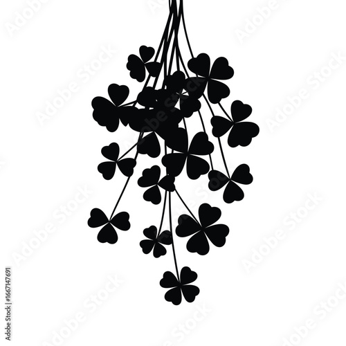 Black silhouette of a hanging bunch of lucky four leaf clovers