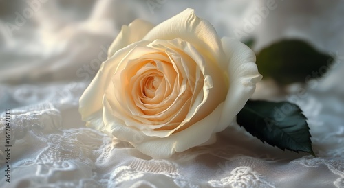 Beautiful White Rose Resting on Lace Fabric in a Soft Light Setting.