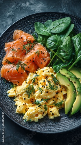 Breakfast Plate With Scrambled Eggs, Salmon, Spinach, and Avocado on Dark Tex...
