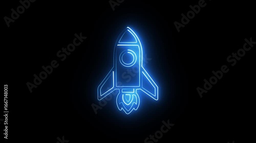 Glowing neon line rocket spaceship icon launching on space background. Space, startup, creative idea, business, innovation and technology concept 4k motion video.
