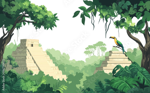 Landscape featuring Rain Forest River and Aztec Pyramid