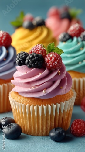 Colorful Cupcakes With Fruit Toppings Displayed on a Blue Background