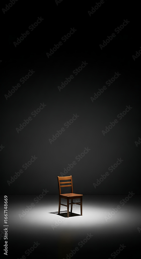 Fototapeta premium A simple wooden chair is illuminated by a bright spotlight in the center of a vast, dark and empty space, evoking themes of solitude or anticipation.