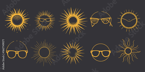 The sun icon set has a modern design and is shown in white against a grey background