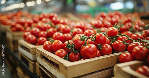 Fresh Tomatoes Arranged in Wooden Crates at a Market During Daytime.