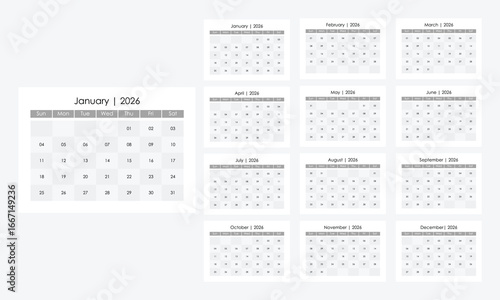 2026 printable calendar, 2026 landscape calendar, minimal calendar a4 size
