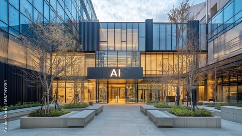 Modern Architectural Design of a Technology Center Featuring AI Signage in Ur...