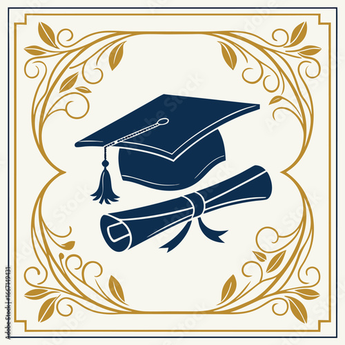 Dark blue graduation cap and diploma lie elegantly within gold floral frame