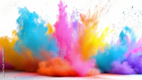 Clouds of vivid powder in shades of pink, blue, orange, and purple burst into the air, creating a joyful explosion of color during a lively outdoor celebration on a sunny day.