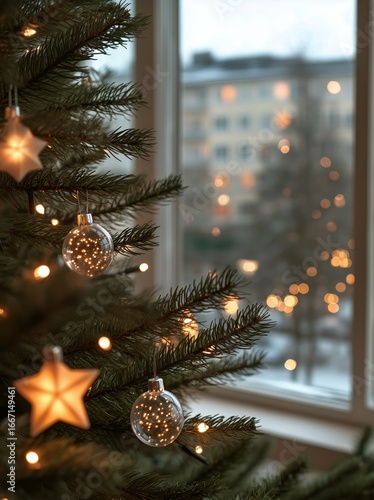Beautiful Christmas Tree Decorated With Star Ornaments and Warm Lights in a C...