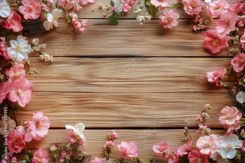 Wooden Table Surrounded by Colorful Flowers Creating a Charming and Inviting ...