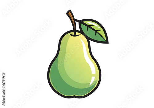 A vibrant illustration of a pear with a stem and leaf against a dark background.