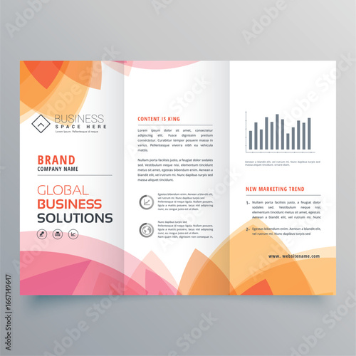 Tri Fold Brochure With Global Business Solutions Text And Graphics vector