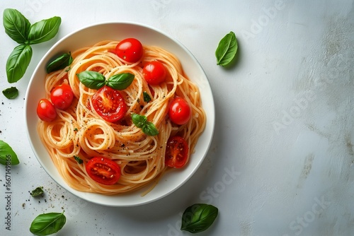 Fresh Spaghetti With Cherry Tomatoes and Basil Garnished on a Plate.
