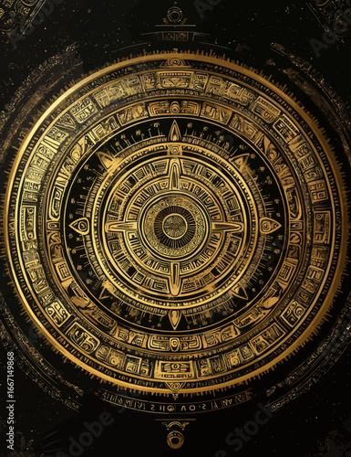 Mayan or Aztec modern hieroglyph signs and symbols are showcased in the Maya calendar, with a prominent golden Maya symbol